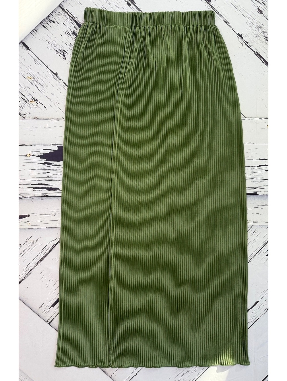 Boho Olive Green Plissé Pleated Maxi Skirt Elastic High Waist Women’s Medium